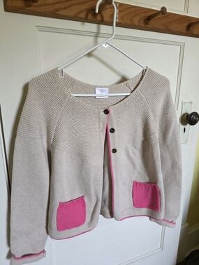 Hanna Andersson Beige Cardigan with Pink Trim & Pockets